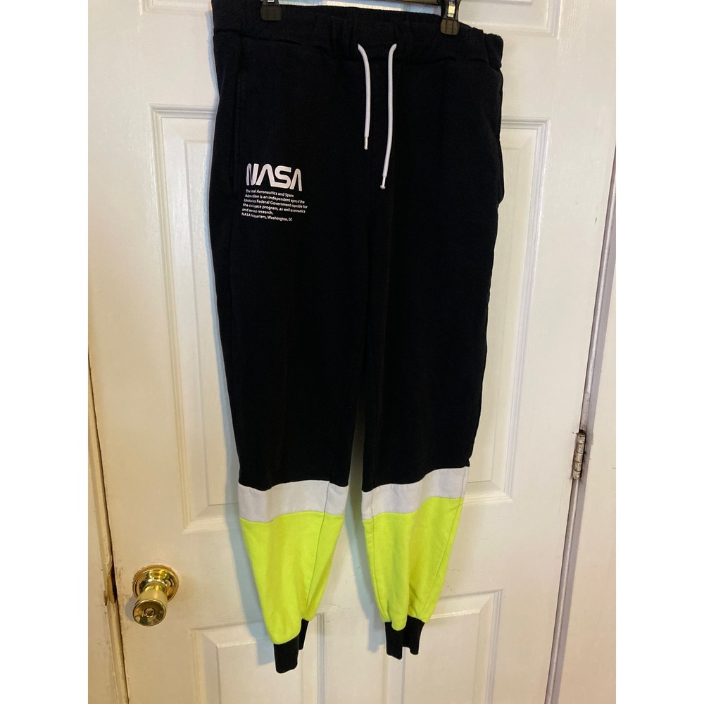 Hyper Space NASA Joggers Mens Small Black Neon‎ Colorblock Fleece Sweatpants